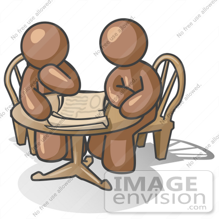 #36090 Clip Art Graphic of Brown Guy Characters Reading at a Table by Jester Arts