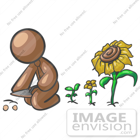 #36103 Clip Art Graphic of a Brown Guy Character Planting Flowers by Jester Arts