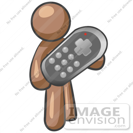#36124 Clip Art Graphic of a Brown Guy Character Holdnig a Remote Control by Jester Arts