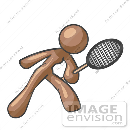 #36128 Clip Art Graphic of a Brown Lady Character Playing Tennis by Jester Arts