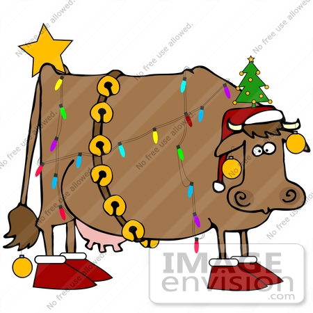 #36142 Clip Art Graphic of a Christmas Cow Decorated Like a Tree by DJArt