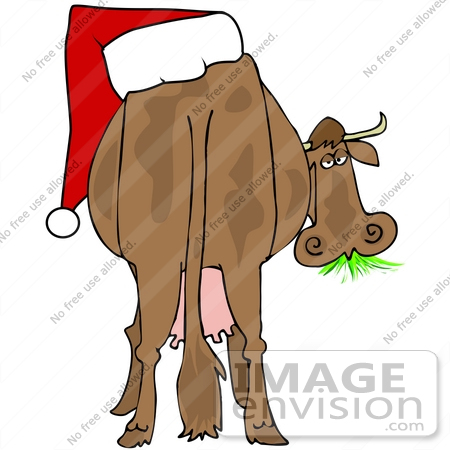 #36144 Clip Art Graphic of a Festive Christmas Cow With A Santa Hat On His Butt, Grazing On Grass by DJArt