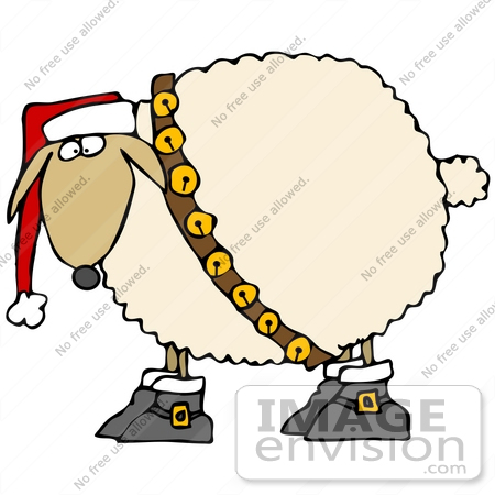 #36146 Clip Art Graphic of a Festive Christmas Sheep With Jingle Bells and a Santa Hat by DJArt