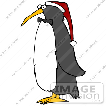#36148 Clip Art Graphic of a Festive Christmas Penguin Wearing a Santa Hat by DJArt