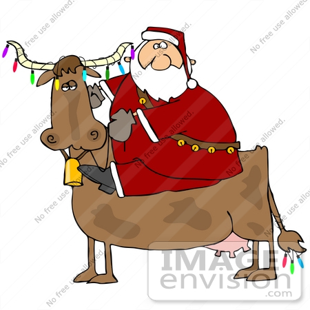 #36152 Clip Art Graphic of Santa Riding a Decorated Cow by DJArt