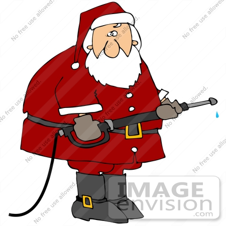 #36154 Clip Art Graphic of Santa Using a Power Washer Tool by DJArt