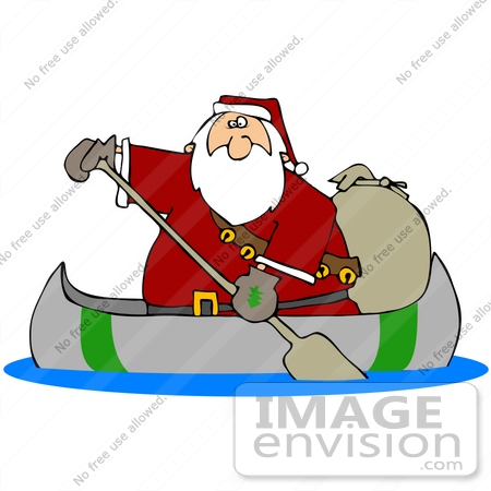 #36156 Clip Art Graphic of Santa Using A Canoe To Deliver Christmas Gifts by DJArt