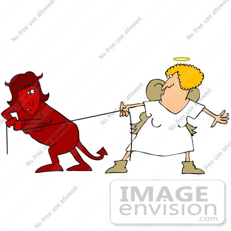 #36158 Clip Art Graphic of a Female Devil And Female Angel Battling During Tug Of War by DJArt