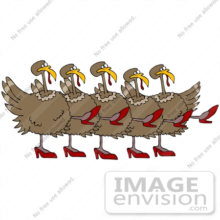 #36163 Clip Art Graphic of a Chorus Line Of Dancing Turkey Birds Wearing High Heels by DJArt