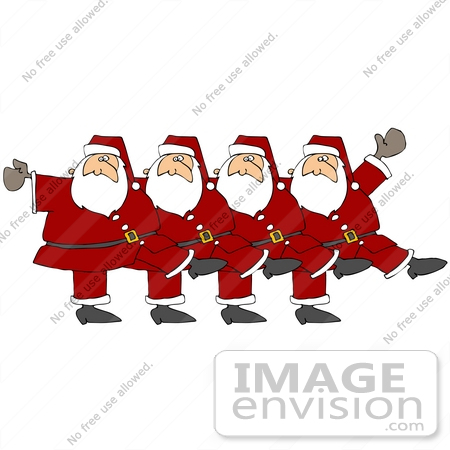 #36164 Clip Art Graphic of a Chorus Line of Dancing Santas by DJArt