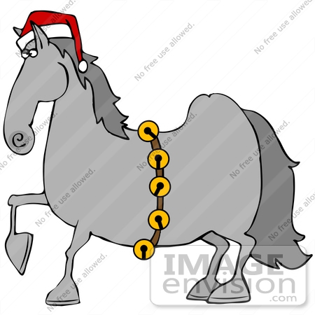 #36165 Clip Art Graphic of a Festive Christmas Horse Wearing A Santa Hat And Sash Of Bells by DJArt