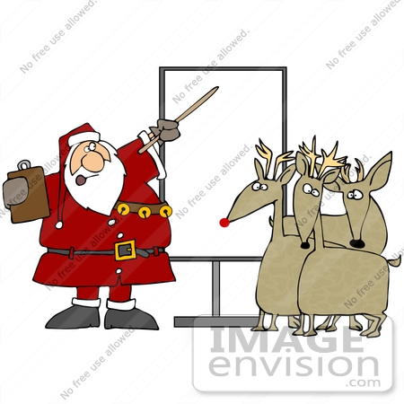 #36169 Clip Art Graphic of Santa Holding A Clipboard And Discussing Holiday Rules With Three Reindeer by DJArt
