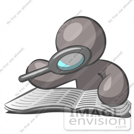 #36223 Clip Art Graphic of a Grey Guy Character Reading With a Magnifying Glass by Jester Arts