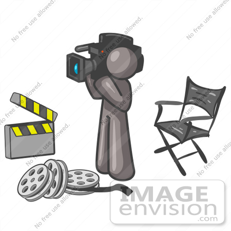 #36226 Clip Art Graphic of a Grey Guy Character Filming a Movie by Jester Arts