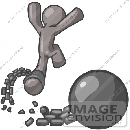 #36227 Clip Art Graphic of a Grey Guy Character Breaking Free From a Ball and Chain by Jester Arts