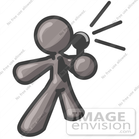#36228 Clip Art Graphic of a Grey Guy Character Making an Announcement With a Microphone by Jester Arts