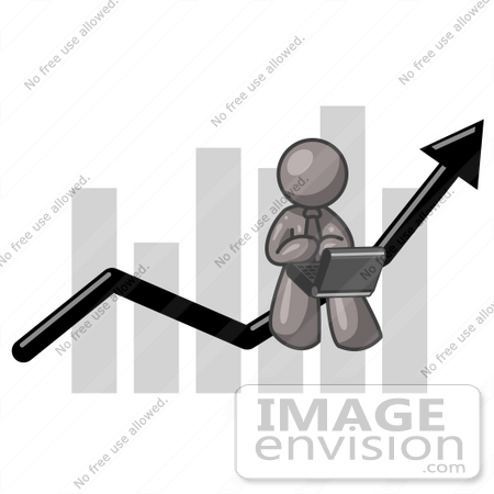 #36230 Clip Art Graphic of a Grey Guy Character Working on a Laptop on a Bar Graph by Jester Arts