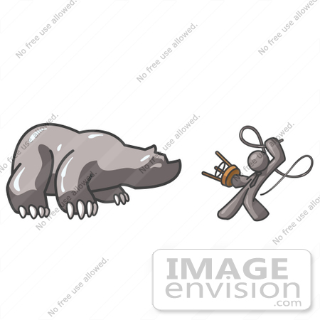 #36234 Clip Art Graphic of a Grey Guy Character Fighting a Bear With a Whip by Jester Arts