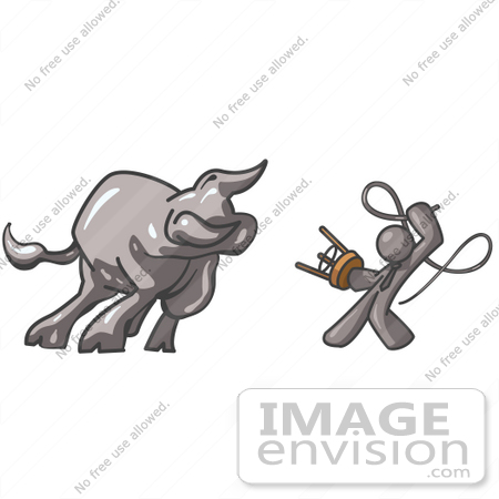 #36236 Clip Art Graphic of a Grey Guy Character Fighting a Bull With a Whip by Jester Arts