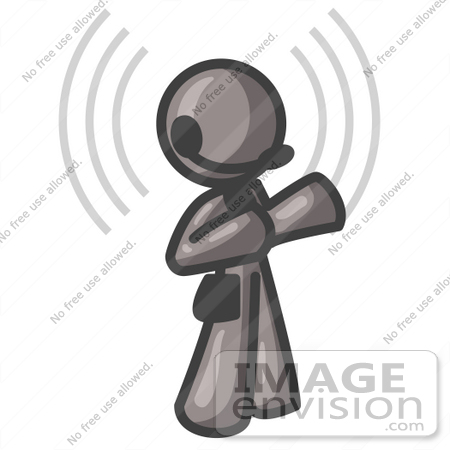 #36238 Clip Art Graphic of a Grey Guy Character With Signals, Using a Headset by Jester Arts