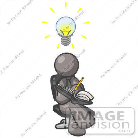 #36239 Clip Art Graphic of a Grey Guy Character Writing Ideas Down in a Journal by Jester Arts
