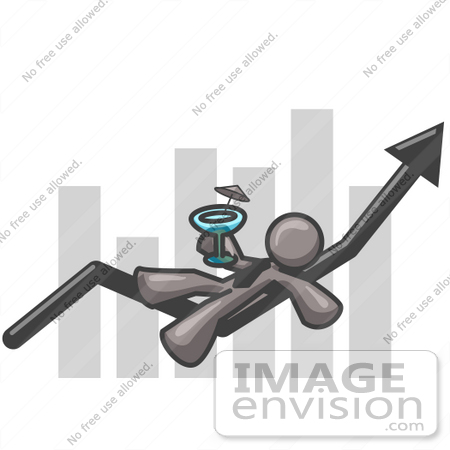 #36241 Clip Art Graphic of a Grey Guy Character Drinking a Cocktail on a Bar Graph by Jester Arts