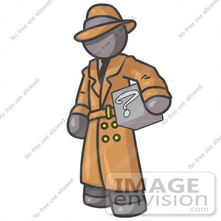 #36242 Clip Art Graphic of a Grey Guy Character Carrying a Question Box by Jester Arts