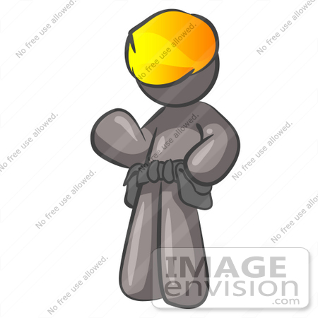 #36243 Clip Art Graphic of a Grey Guy Character Wearing a Toolbelt and Hardhat, Waving by Jester Arts