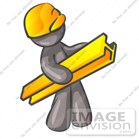 #36246 Clip Art Graphic of a Grey Guy Character Wearing a Hardhat and Carrying a Beam by Jester Arts