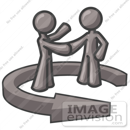 #36247 Clip Art Graphic of Grey Guy Characters Shaking Hands in an Arrow Circle by Jester Arts