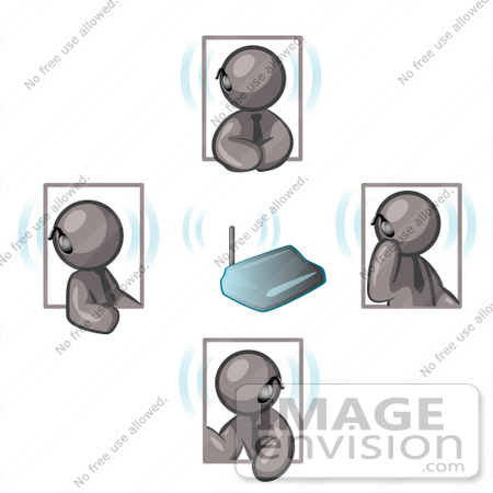 #36249 Clip Art Graphic of Grey Guy Characters Holding a Meeting on Bluetooth Headsets by Jester Arts