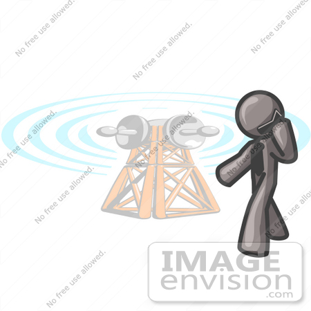 #36250 Clip Art Graphic of a Grey Guy Character Using a Cellphone by a Tower by Jester Arts