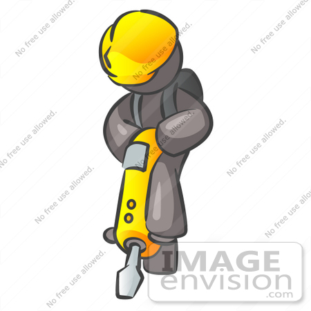 #36251 Clip Art Graphic of a Grey Guy Character Operating a Jack Hammer by Jester Arts