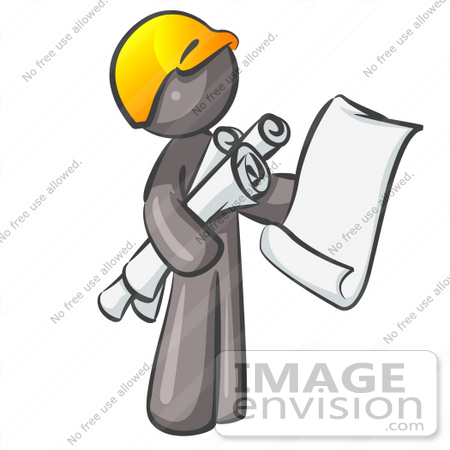 #36252 Clip Art Graphic of a Grey Guy Character Holding Blueprints by Jester Arts