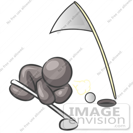 #36257 Clip Art Graphic of a Grey Guy Character Trying to Blow a Golf Ball Into a Hole by Jester Arts