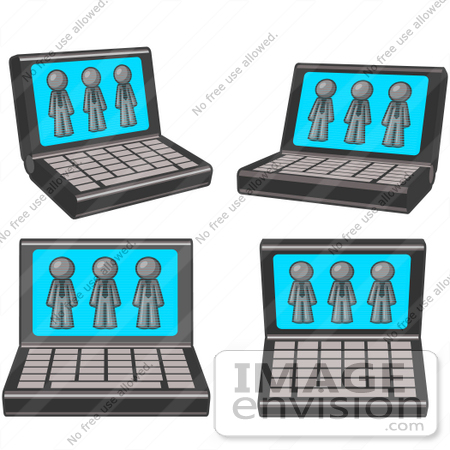 #36259 Clip Art Graphic of a Grey Guy Character on Four Laptop Computer Screens by Jester Arts