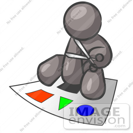 #36260 Clip Art Graphic of a Grey Guy Character Cutting Out Shapes by Jester Arts