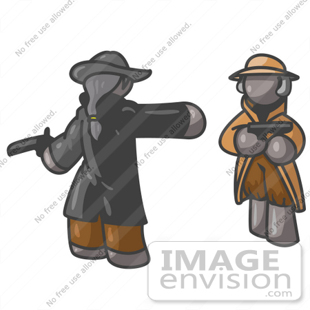 #36261 Clip Art Graphic of Grey Guy Characters Dueling With Guns by Jester Arts