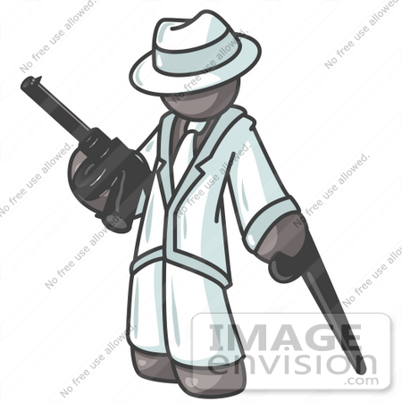 #36268 Clip Art Graphic of a Grey Guy Character Gangster With a Gun and Cane by Jester Arts