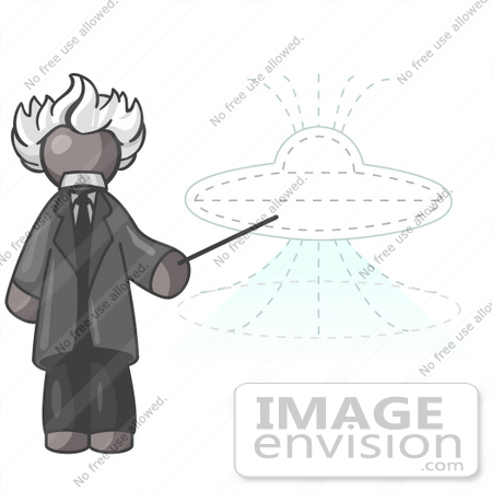 #36272 Clip Art Graphic of a Grey Guy Character as Einstein, Pointing to a UFO by Jester Arts