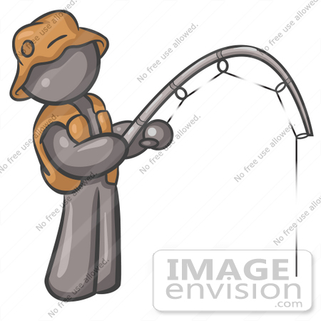 #36274 Clip Art Graphic of a Grey Guy Character Fishing by Jester Arts