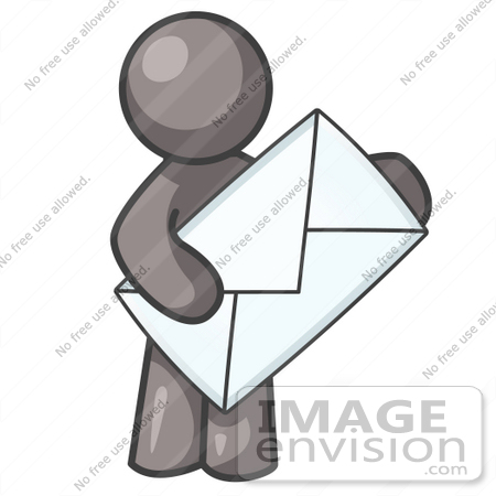 #36276 Clip Art Graphic of a Grey Guy Character Holding an Envelope by Jester Arts