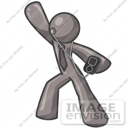 #36277 Clip Art Graphic of a Grey Guy Character Listening to MP3 Music and Dancing by Jester Arts