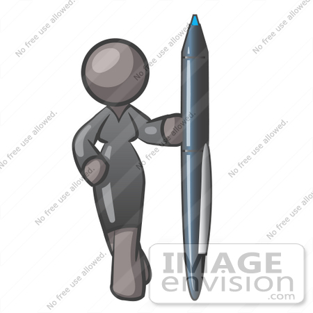 #36295 Clip Art Graphic of a Grey Lady Character Standing With a Pen by Jester Arts