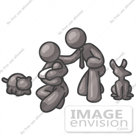 #36304 Clip Art Graphic of a Grey Guy Character Family With a Baby and Pets by Jester Arts
