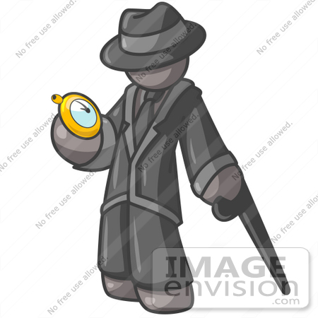 #36305 Clip Art Graphic of a Grey Guy Character With a Cane, Checking a Watc by Jester Arts