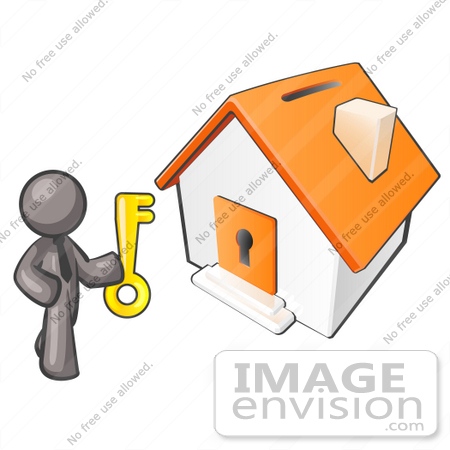 #36310 Clip Art Graphic of a Grey Guy Character With a Key by a House by Jester Arts