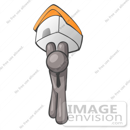 #36311 Clip Art Graphic of a Grey Guy Character Holding up a House by Jester Arts