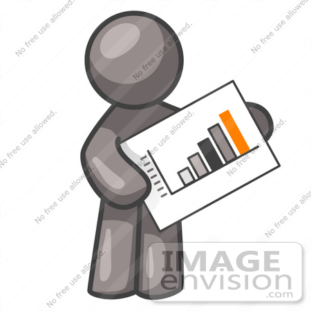 #36312 Clip Art Graphic of a Grey Guy Character Holding a Bar Graph by Jester Arts