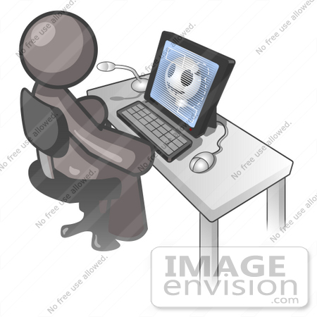 #36323 Clip Art Graphic of a Grey Guy Character Using a Computer by Jester Arts
